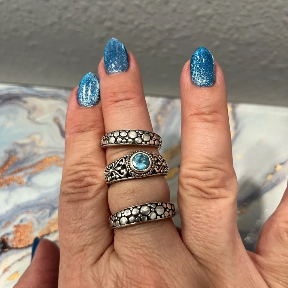 Sarda Sterling Silver and Blue Topaz 3 Ring set, size 9